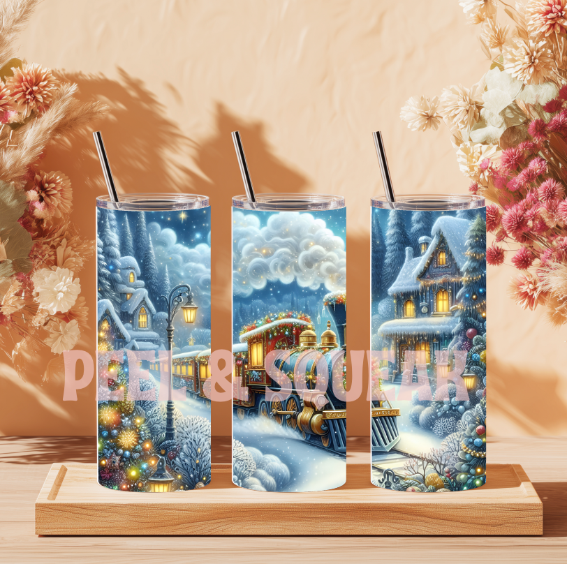 Blue Train Christmas Theme Tumbler Wrap