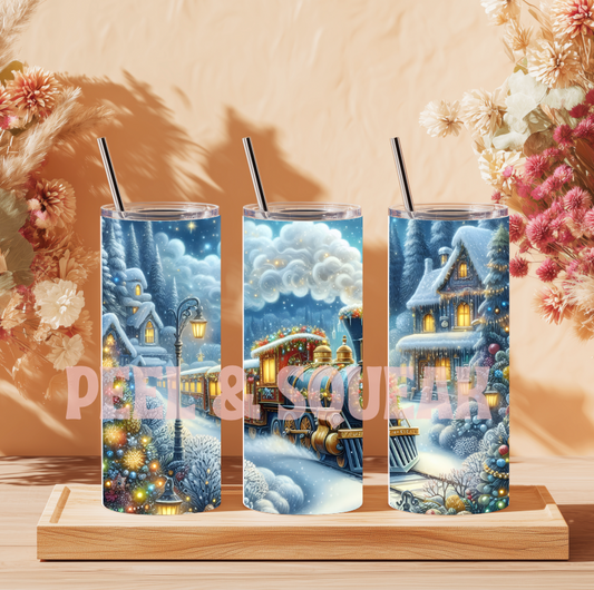 Blue Train Christmas Theme Tumbler Wrap